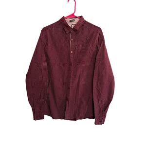 Checkpoint Fitted Button Down Long Sleeve Shirt Mens Size Large Maroon Polka Dot